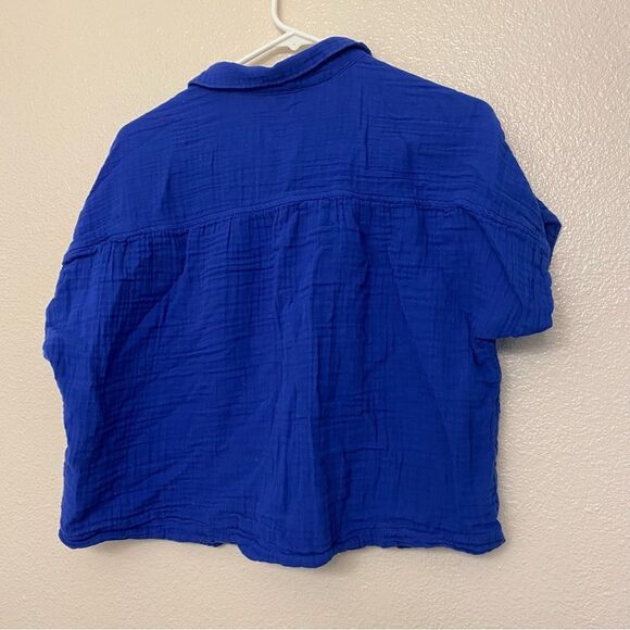 Old navy royal blue muslin gauze cotton button front Top blouse oversized crop M - Picture 3 of 9
